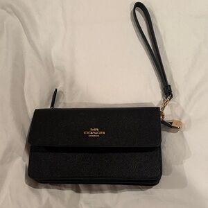 Coach Black Leather Wristlet with Gold Accents